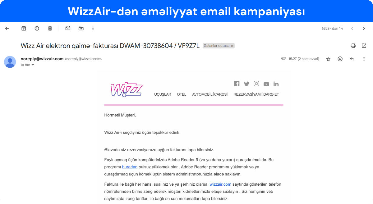 WizzAir-dən əməliyyat email kampaniyasının nümunəsi