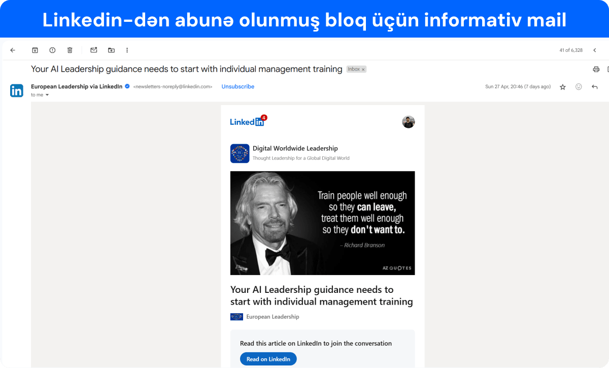 Linkedindən abunə olunan istifadəçiyə informativ email nümunəsi