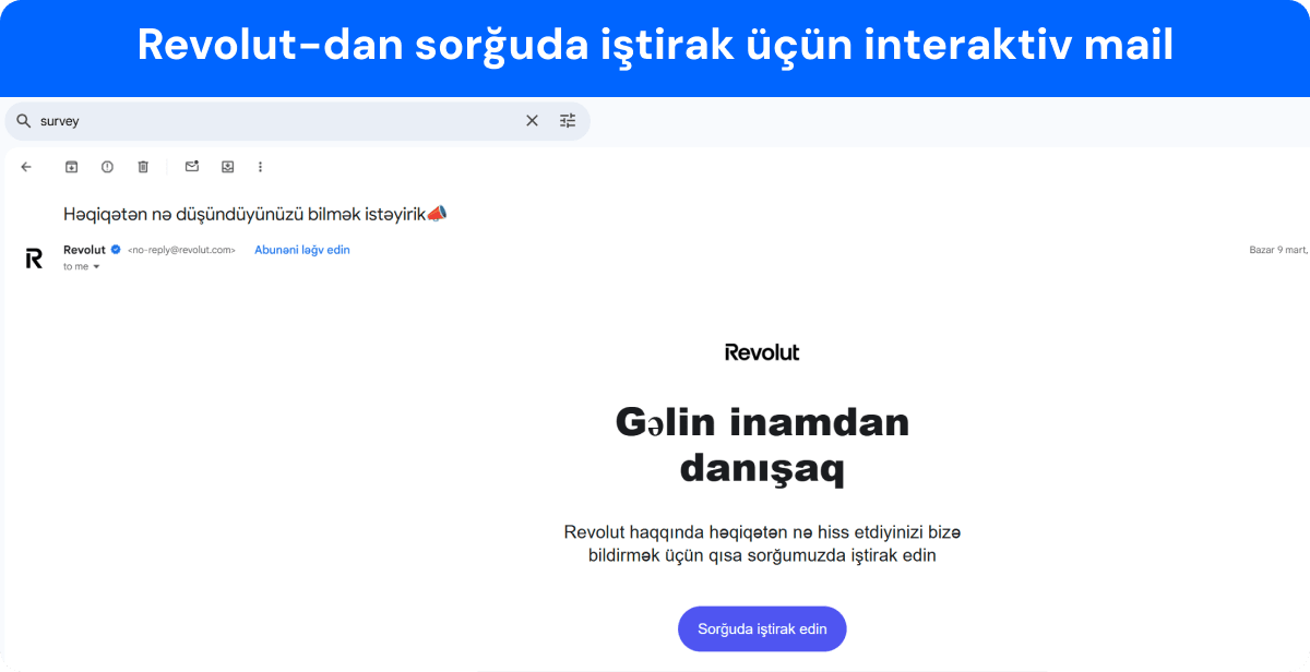 Revolut-dan sorğuda iştirak üçün göndərilən interaktiv email nümunəsi