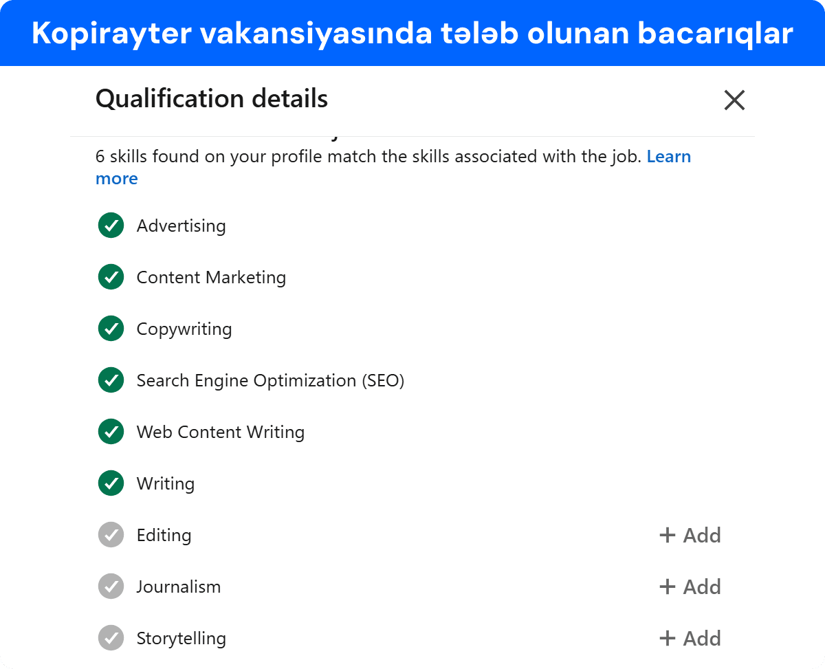 Nümunə olaraq götürülmüş vakansiyada kopirayterdən tələb olunan bacarıqlar