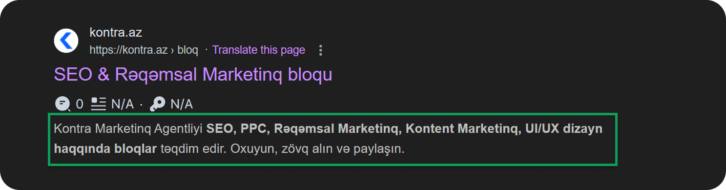 Düzgün yazılmış meta təsvir nümunəsi