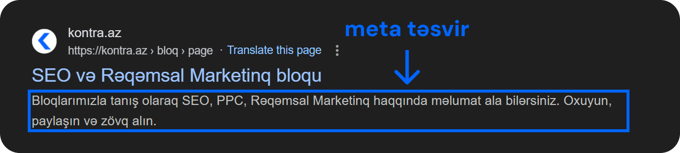 On-page SEO elementi olan meta təsvir üçün nümunə