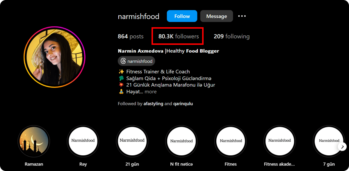 80K izləyicisi olan mikro influenser Instagram profil nümunəsi