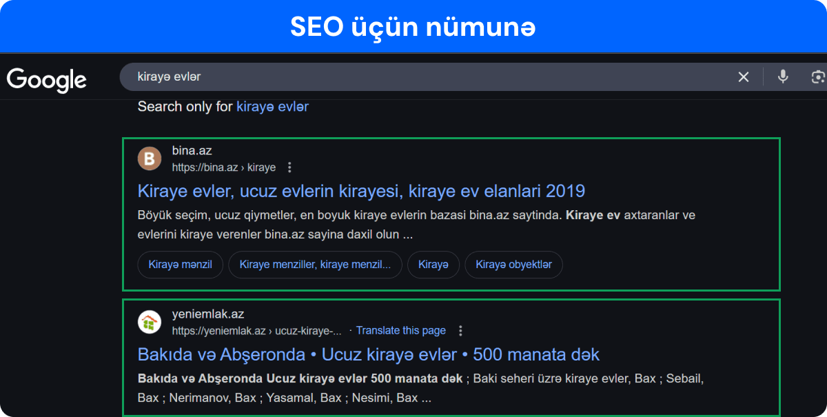 SEO nəticələri ilə Google axtarışında orqanik nəticə nümunəsi