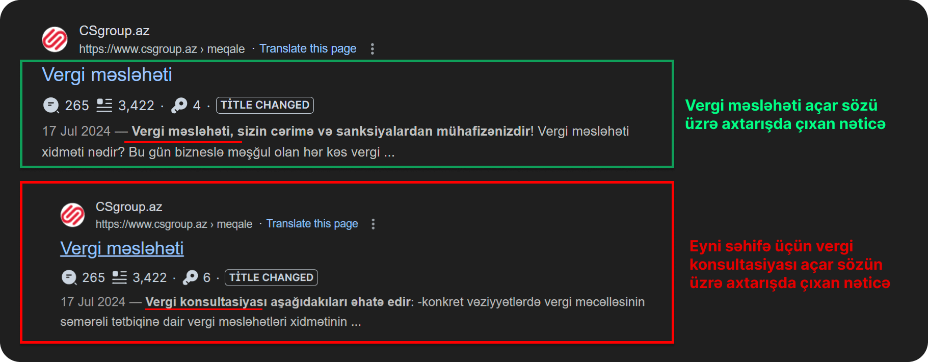 SERP nəticələrində eyni səhifə üçün görünən iki müxtəlif meta desctiption nümunəsi