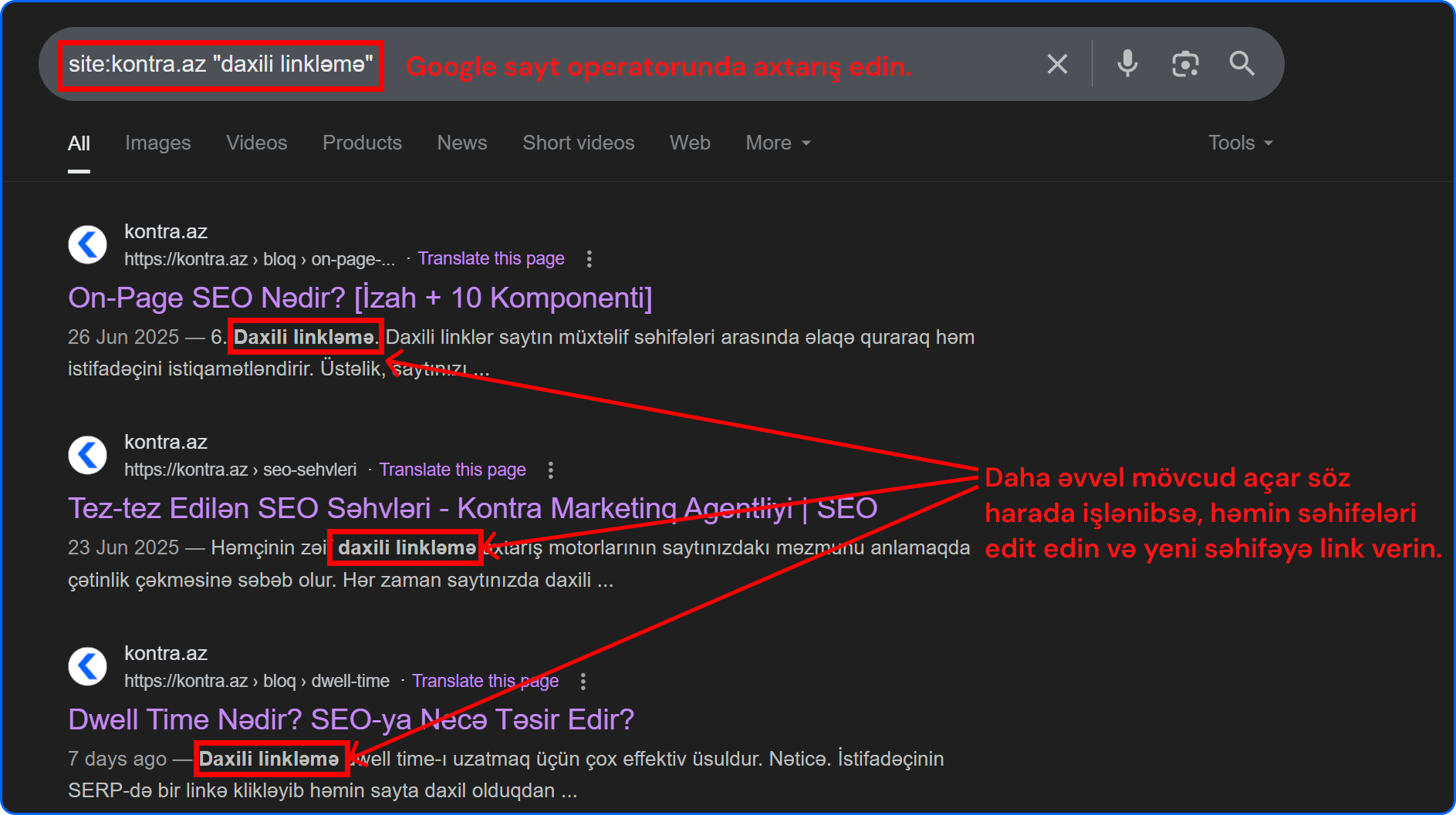 Google sayt operatoru vasitəsi ilə mövcud ifadələrin tapılması