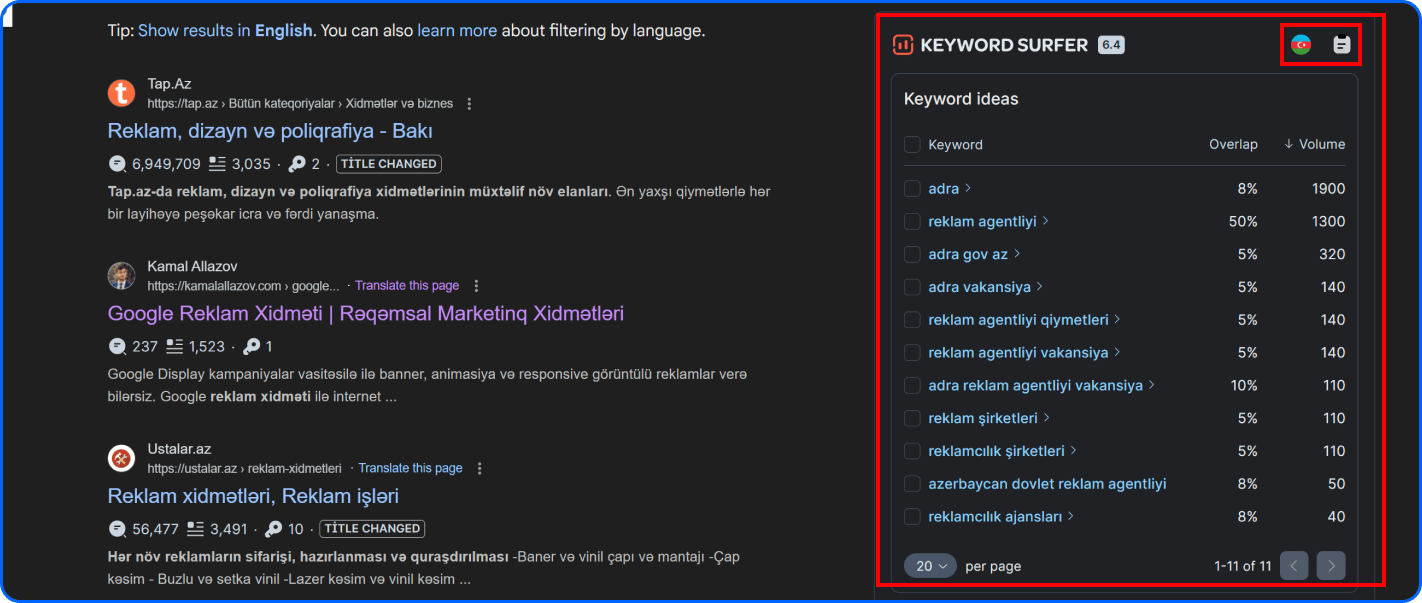 Keyword Surfer SERP-də necə görünür