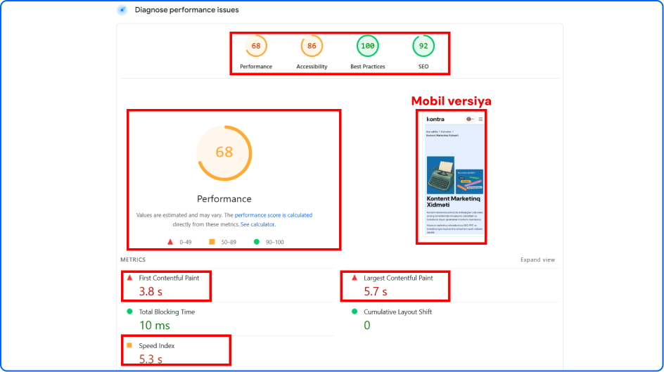 Google PageSpeed Insights vasitəsi ilə mobil səhifə üçün edilmiş texniki seo analizi